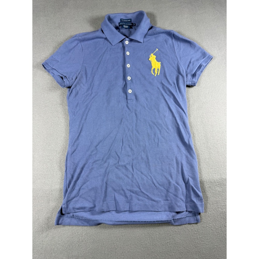 Ralph Lauren Womens Skinny Polo Shirt M Blue 100% Cotton Big Pony Yellow Logo